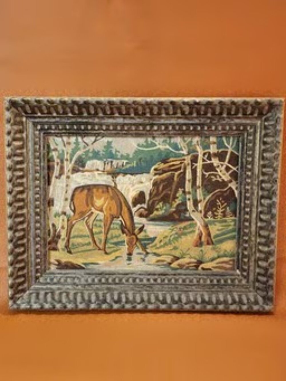 VINTAGE AMERICAN PAINT BY NUMBERS WOODLAND SCENE WITH DOE AND WATERFALL - FRAMED
